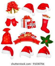 Big set of red santa hats and clothing. Vector illustration.