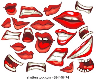 Big set of red sexy lips in different poses. Mouth, teeth, tongue and lips isolated on the white background.