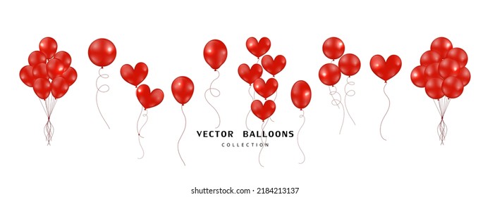 Gran conjunto de globos resplandecientes rojos en diferentes estilos flotando aislados sobre fondo blanco. Ilustración vectorial.