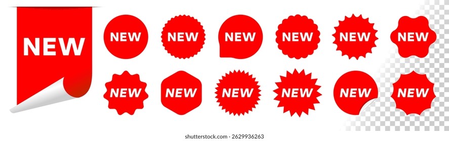 Big Set of Red Stickers with NEW Inscription. Promotional Labels for Discounts, Sales, and Special Offers. Vector shopping labels illustration
