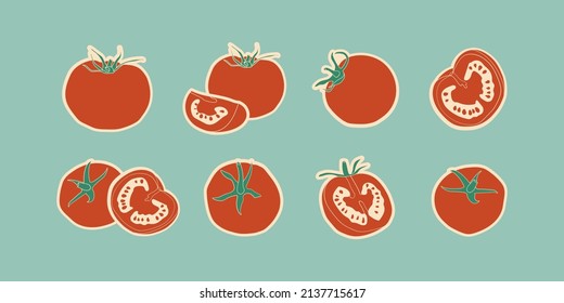 Big set of red tomatoes on blue background. Tomato cut in half, a quarter piece and seeds. Diet healthy vegetarian food. Vector retro illustration for menu design, poster, postcard, print.