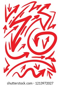  big set of red vector arrows drawn by hand