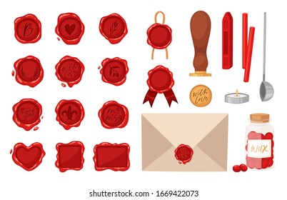 Big set red wax seal stamps and other tools - wooden stamper, melting spoon, envelope. Vintage post signet illustration for wedding invitation, letters, calligraphy design. Vector isolated on white 