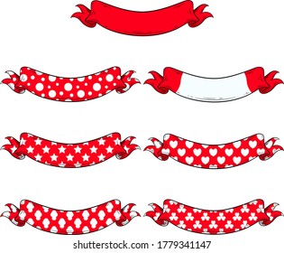 Big set of red and white patterned ribbon banners. Dots, stripes, stars, hearts, mushrooms and clover. Vector illustrations of decorative elements for your vibrant designs. Part 1