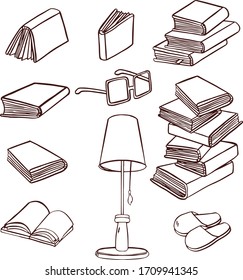 Big set with red, yellow, green, blue opened and closed textbooks, business diaries, workbooks in different positions 01