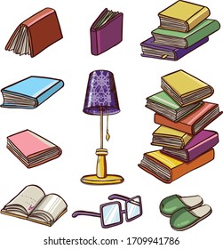 Big set with red, yellow, green, blue opened and closed textbooks, business diaries, workbooks in different positions 02