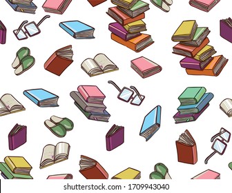 Big set with red, yellow, green, blue opened and closed textbooks, business diaries, workbooks in different positions 04