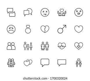 Gran conjunto de iconos de línea de relaciones. Ilustración vectorial aislada en un fondo blanco. Símbolos de calidad superior. Iconos vectoriales de trazo para conceptos o gráficos web. Sencillas señales de línea delgada. 