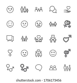 Gran conjunto de iconos de línea de relaciones. Ilustración vectorial aislada en un fondo blanco. Símbolos de calidad superior. Iconos vectoriales de trazo para conceptos o gráficos web. Sencillas señales de línea delgada. 