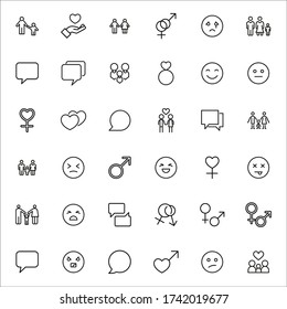 Gran conjunto de iconos de línea de relaciones. Ilustración vectorial aislada en un fondo blanco. Símbolos de calidad premium. Iconos vectoriales de trazo para el concepto o gráficos web. Sencillos signos de línea delgada. 
