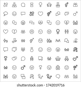 Gran conjunto de iconos de línea de relaciones. Ilustración vectorial aislada en un fondo blanco. Símbolos de calidad premium. Iconos vectoriales de trazo para el concepto o gráficos web. Sencillos signos de línea delgada. 