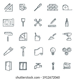 Big set of renovation house 25 icon, concept repair build tool stuff, instrument toolkit outline art flat vector illustration, isolated on white. Reconstruction building equipment, construction object