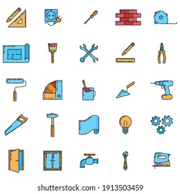 Big Set Of Renovation House 25 Icon, Concept Repair Build Tool Stuff, Instrument Toolkit Line Art Flat Vector Illustration, Isolated On White. Reconstruction Building Equipment, Construction Object.