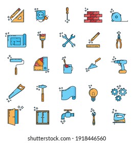 Big Set Of Renovation House 25 Icon, Concept Repair Build Tool Stuff, Instrument Toolkit Line Art Flat Vector Illustration, Isolated On White. Reconstruction Building Equipment, Construction Object.