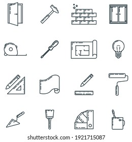 Big set of repair design house 16 icon, concept renovation tool stuff instrument toolkit line art flat vector illustration, isolated on white. Reconstruction building equipment, construction object.