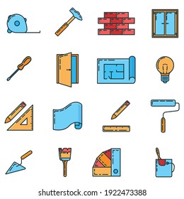 Big set of repair design house 16 icon, concept renovation tool stuff instrument toolkit line art flat vector illustration, isolated on white. Reconstruction building equipment, construction object.