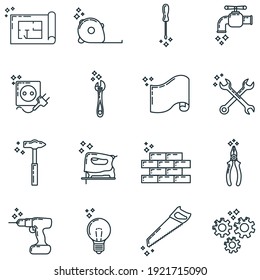 Big set of repair house 16 icon, concept renovation tool stuff instrument toolkit line art flat vector illustration, isolated on white. Reconstruction building equipment, construction object.