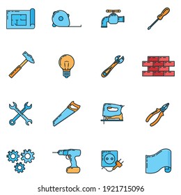 Big Set Of Repair House 16 Icon, Concept Renovation Tool Stuff Instrument Toolkit Line Art Flat Vector Illustration, Isolated On White. Reconstruction Building Equipment, Construction Object.