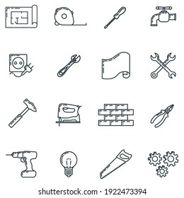 Big set of repair house 16 icon, concept renovation tool stuff instrument toolkit line art flat vector illustration, isolated on white. Reconstruction building equipment, construction object.