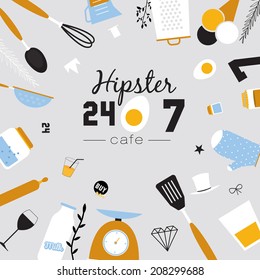 Big set of restaurant and cafe menu design, template design in vector. Cooking frames, labels and graphic elements in hipster style design. Vintage-styled illustration. Fast Food.