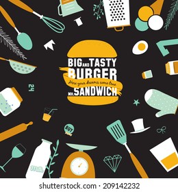 Big set of restaurant and cafe menu design, template design in vector. Cooking frames, labels and graphic elements in hipster style design. Vintage-styled illustration. Fast Food.
