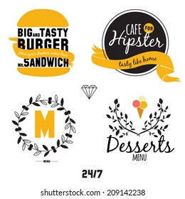 Big set of restaurant and cafe menu design, template design in vector. Cooking frames, labels and graphic elements in hipster style design. Vintage-styled illustration. Fast Food.