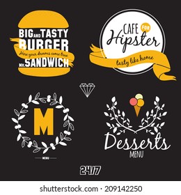 Big set of restaurant and cafe menu design, template design in vector. Cooking frames, labels and graphic elements in hipster style design. Vintage-styled illustration. Fast Food.