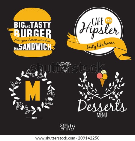 Big set of restaurant and cafe menu design, template design in vector. Cooking frames, labels and graphic elements in hipster style design. Vintage-styled illustration. Fast Food.