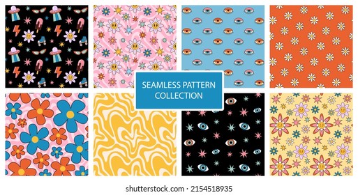 Big set of retro 1970 psychedelic seamless patterns. Bright hippie backgrounds. Groovy trendy wallpaper. Illustration with ufo, daisy flower and wave.