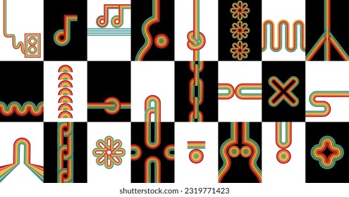 Big set Retro 70s backgrounds with rainbow color striped design elements. Simple geometric hand drawn vector illustration 