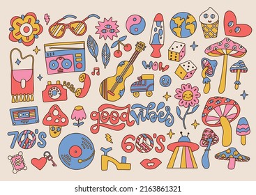 Big set of Retro 70s groovy elements, cute funky hippy stickers. Linear daisy flowers, mushrooms, peace sign, heart, radio in vintage hippie style . Positive symbols. Vector hand drawn illuistration.