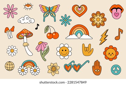 Big set of Retro 70s groovy elements, cute funky hippy stickers. Cartoon daisy flowers, mushrooms, peace sign, lips, rainbow, hippie collection. Positive hand drdawn vector isolated symbols .