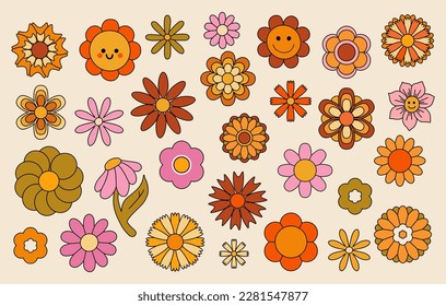 Big set of Retro 70s groovy flowers, cute funky hippy stickers. Cartoon daisy flowers.Positive hand drdawn vector isolated symbols. Vector illustration.