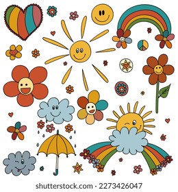 Big set retro 70s psychedelic elements, characters. Vintage hippie stickers 60s. Funky daisies, mushrooms, rainbow. Seventies groovy flowers collection. Cartoon childish hand drawn vector illustration