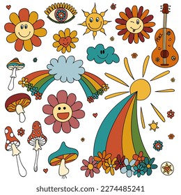 Big set retro 70s psychedelic elements, characters. Vintage hippie stickers 60s. Funky daisies, mushrooms, rainbow. Seventies groovy flowers collection. Cartoon childish hand drawn vector illustration