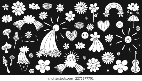 Big set retro 70s psychedelic elements, characters. Vintage hippie stickers 60s. Funky daisies, mushrooms, rainbow. Seventies groovy flowers collection. Cartoon childish hand drawn vector illustration