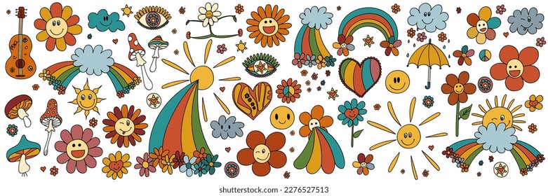 Big set retro 70s psychedelic elements, characters. Vintage hippie stickers 60s. Funky daisies, mushrooms, rainbow. Seventies groovy flowers collection. Cartoon childish hand drawn vector illustration