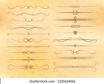 Big set of retro calligraphic page dividers, page decorating vignettes on old paper