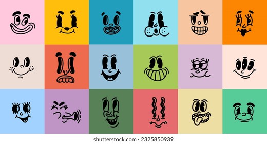 Big set retro cartoon characters funny faces in 30s, 50s mascot style. Part of face eyes, nose and mouth, smile, sadness. Vintage Comic Caricature for Character Creation. Vector Isolated Illustration.