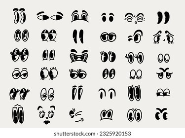 Big set retro cartoon characters funny faces. Vintage 30s, 50s, 60s old animation, comic eyes elements. Smiley vector faces, different eyes with funny emotions. Faces logo happy and sad emotions.