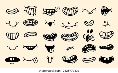 Big set retro cartoon characters funny mouths. Vintage 30s, 50s, 60s old animation, comic mouth elements. Smiley vector faces, with funny emotions. Faces logo happy and sad emotions.