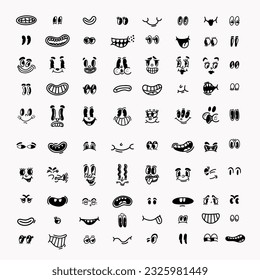 Big Set of retro cartoon and comics characters funny faces. 30,50,60s old animation eyes and mouths elements. Vintage comic style faces for logo. Vector emoticon with different happy and sad emotions.