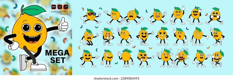 Big set of retro cartoon stickers with funny comic Lemon characters, gloved hands. Contemporary illustration with cute comic characters. Comic lemon characters with arms and legs. Cartoon style set.