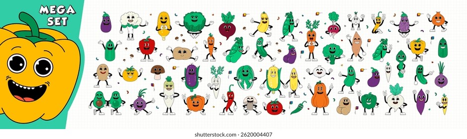 Big set of retro cartoon stickers with funny comic vegetable characters, gloved hands. Playful, colorful, and hand-drawn comic book characters in contemporary illustration style.
