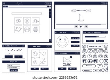 Big set of retro desktop browser and dialog windows. Cute 80s 90s old computer user interface elements and vintage aesthetic icons. Nostalgic retro operating system. Vector Illustration.