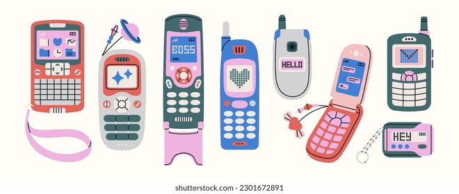 Big set with retro electronic devices. Mobile phones with buttons, beaded keychains, beeper, pager. Cute and stylish attributes from 90s. Hand drawn vector illustration. Vintage electronics concept.