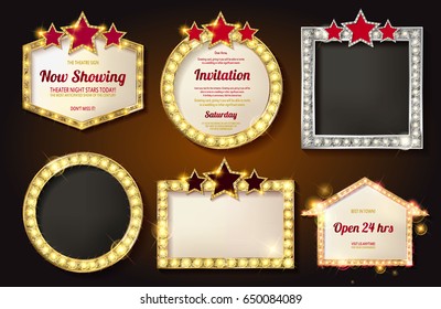 Big set of retro frames with glowing lamps. Collection of banners with shining lights in vintage style isolated on red background. Vector illustration.