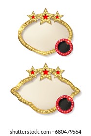 Big set of retro frames with glowing lamps. Collection of banners with shining lights in vintage style isolated on red background. Vector illustration.