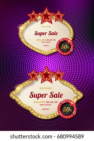 Big set of retro frames with glowing lamps. Collection of banners with shining lights in vintage style isolated on red background. Vector illustration.