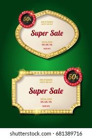 Big set of retro frames with glowing lamps. Collection of banners with shining lights in vintage style isolated on red background. Vector illustration.